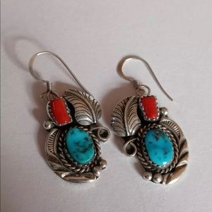 VINTAGE - STERLING SILVER TURQUOISE AND CORAL DANGLING EARRINGS